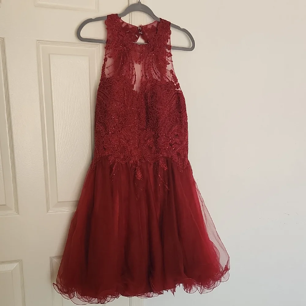 burgundy lace fit and flare dress Short Sleeve Lace Fit-and-Flare Dress